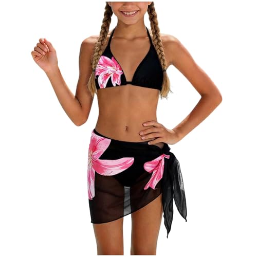 Maillot de Bain Adolescente Fille 3 Pièces Haut Bikini Triangle Floral Slip et Jupe Natation Imprimé Floral Ensemble Stylé Pratique pour Plage Piscine Sorties Aquatiques