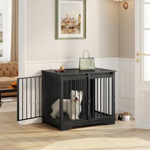 Hzuaneri Hundekäfig Möbel, 81cm hundebox für zuhause, Schiebetüren, 2 Türen, Moderne hundebox Holz Indoor für kleine/mittlere Hunde, Hundekäfig für Zuhause, 81 x 55 x 67,5cm, Schwarz DFC83604B