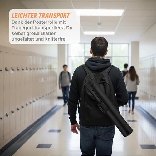 Relaxdays Posterrolle ausziehbar, 80–135 cm, Ø 14 cm, Transport Poster & Zeichnungen, Zeichenrolle bis DIN A0, schwarz