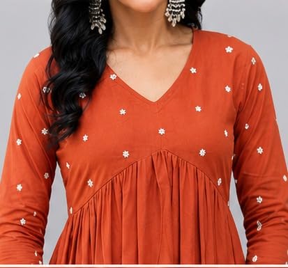 Image of Women's Long Kurta Set with Pant Polka Dots, Embroidered, V-Neck Empire Waist, Full Sleeves
