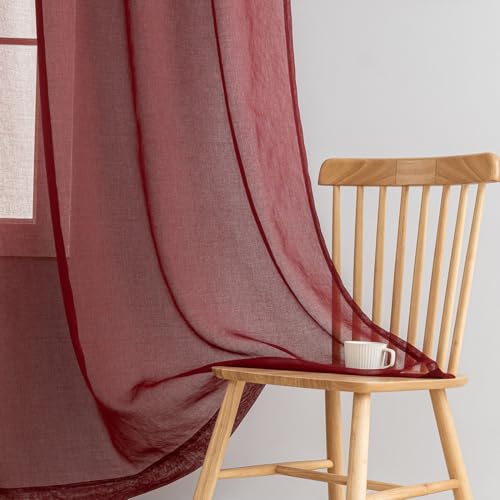 Image of Burgundy Sheer Curtains - 2 Panel Sets, 90 Inches Long, Rod Pocket, for Bedroom & Living Room