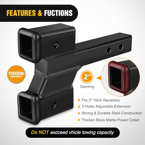 Image of Nilight Trailer Dual Hitch Extender for 2 Inch Receiver with 2 inch 4 inch Rise or Drop with Bolt Nut Clip 10,000 lbs Capacity Adjustable Extend 8 inch 10 inch Length Matte Black Powder Coated