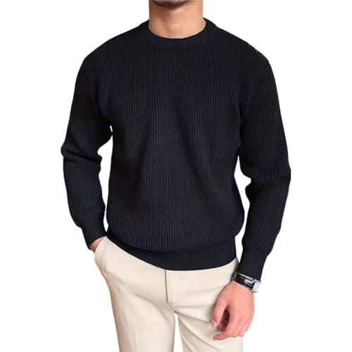 Men's Spring & Fall Solid Textured Round Neck Sweater, Casual Comfort Regular Fit Drop Shoulder Long Sleeve Pullover Knitwear