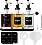 BIKALAN Sirup Spender für Kaffeebar, Glas Sirupspender mit Tablett, 500 ml Kaffee Sirup Flaschen für Kaffeestation mit 24 Etiketten, Löffel, Kaffeekunststift, Kaffeeschablonen für Kaffee Bar, 3er-Pack