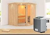 Karibu Elementsauna aus 68 mm starken Wandelementen mit Dachkranz und inkl. 9-kW-Ofen. Wände aus vor
