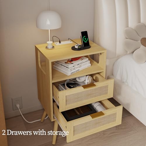 Image of JOONEE Rattan Nightstand with Charging Station,Farmhouse Bedside Table with 2 Storage Drawer and Open Wood Shelf, for Bedroom and Small Spaces,Night Stand with Solid Wood Legs (Yellow Oak-Outlet)