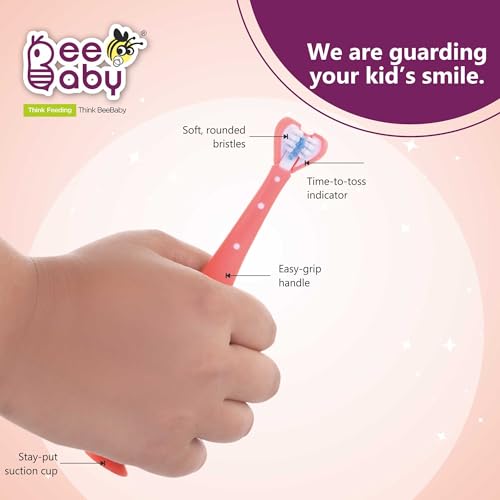 Image of BeeBaby Triple Angle Brush Buddy Toothbrush for Kids 3-6 Years. Suction Cup, 3 Side Super Soft Time to Change Indicator Bristles Ideal for Milk & Permanent Teeth. 100% BPA Free. Pink