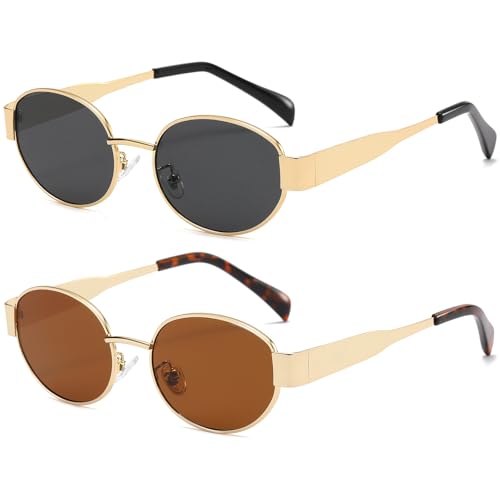 Trendy Oval Sunglasses for Women Men Retro Metal Oval Sun Glasses 90s Vintage Shades