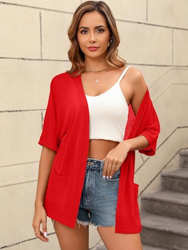 Image of Women's Lightweight Open Front Cardigans Short Sleeve Casual Soft Sheer Cardigan S-2XL with Pockets