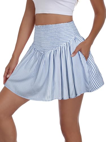 Vigorics Women’s High Waisted Smocked Mini Skirt Casual A-Line Skort Built-in Shorts for Summer Vacation Picnic Outdoor Light Blue Stripes M — gift idea for moms · $27.19