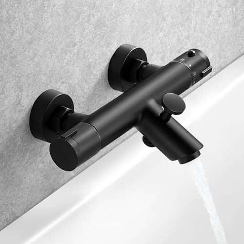 Bevankly - Grifo de Ducha con Termostato (Termostato, con Cierre de Seguridad de 38 °C, Grifo Pared, Color Negro)