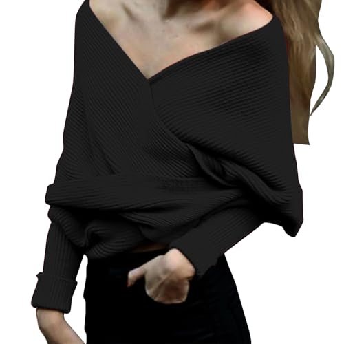 Off The Shoulder Sweater for Women Sweater Scarf V Neck Cropped Sweaters Ribbed Knit Wrap SweaterScarf Fall Winter2