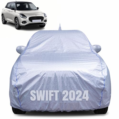 Image of 100% Waterproof Car Body Cover for Maruti Suzuki Swift (2024) with Mirror Pocket, Heat & UV Resistant, Triple Stitched, Soft Lining, Bottom Elastic & Piping (Silver Reflective)