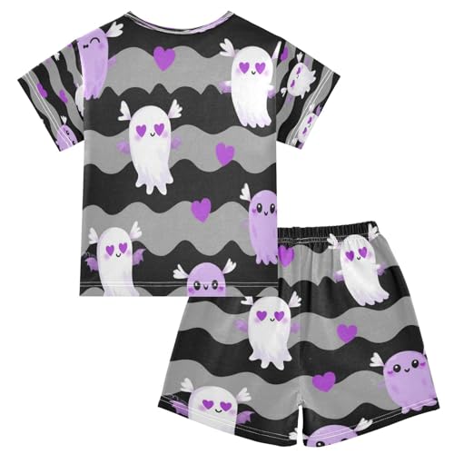 Pajama Sets Short Sleeve Cute Axolotl Ghosts with Hearts Soft Cotton Summer Sleepwear 2 Piece PJS Size 5-14T2