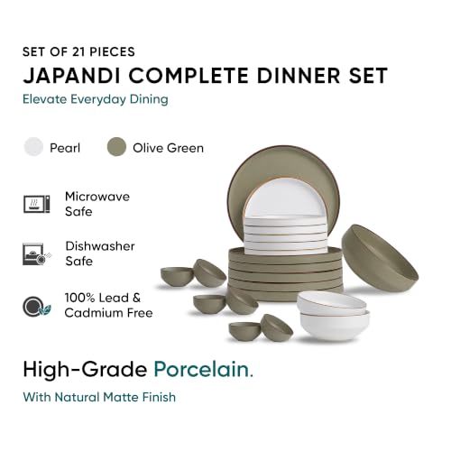 Image of Shay Modern Ceramic Dinner Set, 21 Pcs, Olive Green & White | Crockery Set for Gifting & Dining| Premium Ceramic Dinner Set | Matte Finish (Japandi Dinner Set - Olive Green & White, 21 Piece)
