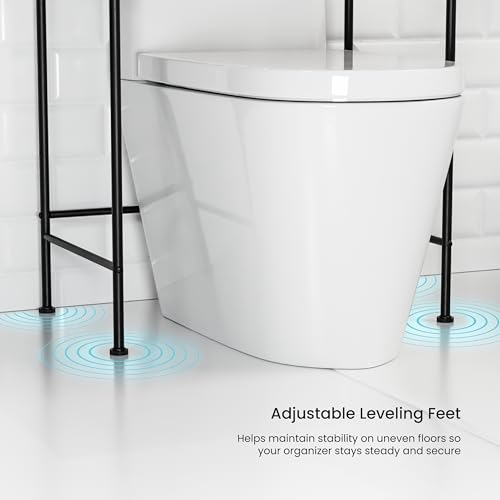 Image of Home Zone Living Over-the-Toilet Bathroom Storage Cabinet Organizer | Freestanding Steel Frame Design with 3-Tier Shelves, Wide Stabilizing Base and Adjustable Feet, Black