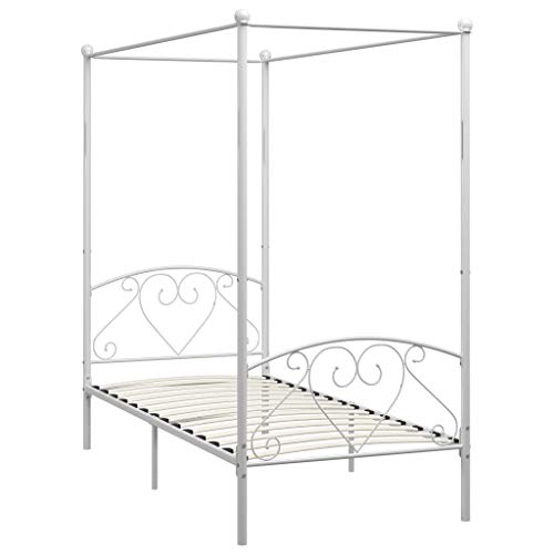 vidaXL Cadre de Lit à Baldaquin Lit Simple Lit Adulte Lit Coffre Sommier à Lattes Chambre à Coucher Maison Intérieur Blanc Métal 90x200 cm
