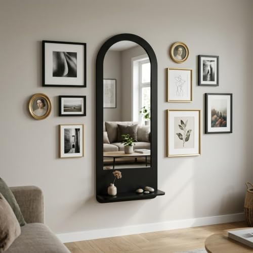 Image of Creative Arts n Frames Full Length 15x47 inch Long Wall Mount HD Mirror with Shelf for Bedroom Bathroom Living Room Home Office Decor(15x47 inch Framed Mirror with Shelf Arch Classic Black)