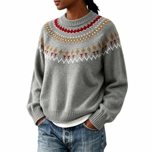 Women's Fair Isle Sweater Casual Vintage Crew Neck Knitted Sweaters Grey - image 1
