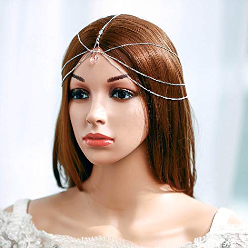 Asooll Boho Pink Crystal Pendant Head Chain Layered Jewelry Festival Headpieces Prom Headband for Women and Girls (Silver)