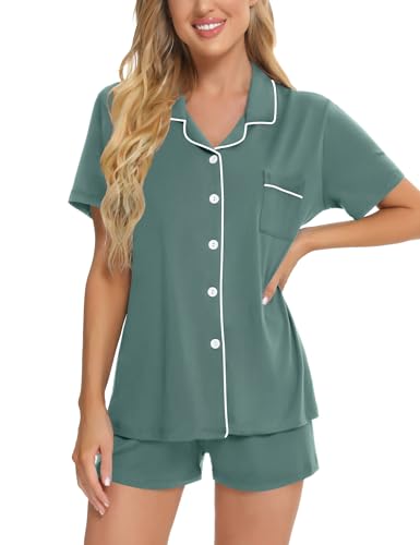 Image of SWOMOG Womens Button Down Pajamas Set Short Sleeve Sleepwear Bride Soft Pj Lounge Sets XS-3XL