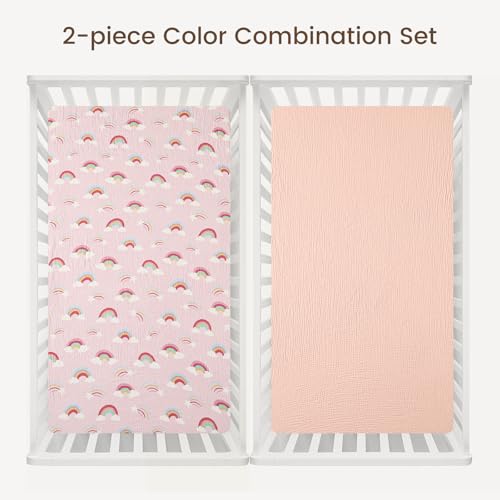 Image of david's kids Muslin Crib Sheets for Girls, 2 Pack 100% Cotton Soft Breathable Fitted Baby Sheet Set, Standard 52 inchx28 inch Crib and Toddler Mattress, Rainbow