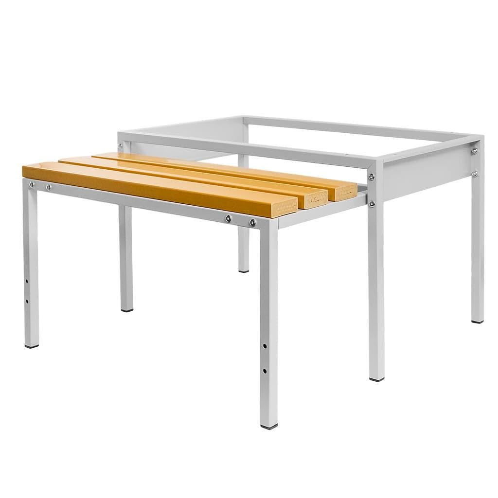 MEGA-M Podstawa do szafki BHP 80 z wysuwaną ławeczką WPC | metalowy stelaż, siedzisko chowane pod szafkę, 80 × 80 × 43 cm, do szatni i pomieszczeń socjalnych