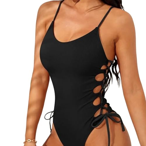 Image of Women Vintage One Piece Swimsuit Beach Pool Costume Suit Adjustable Strap Tie Side Tummy Control Swimwear Water Sports High Waist Bathing Swimming Suit Bikini