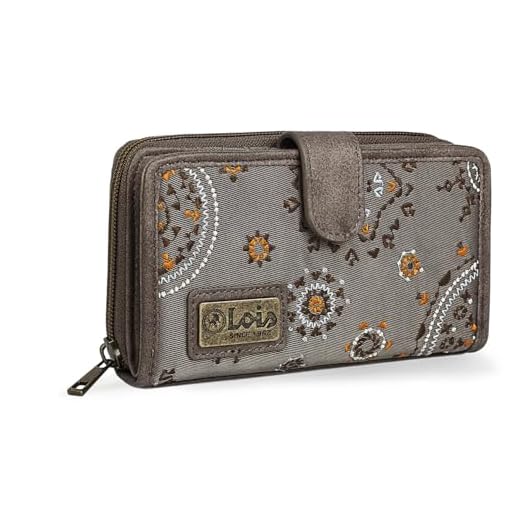 Lois - Cartera de Mujer Grande con Bordados y Motivos Mandala de Marca LOIS. Nylon y Cuero Vegano PU para Uso Diario con Cierre Cremallera y Botón. Protección Antiescaneo RFID 304416, Color Marron