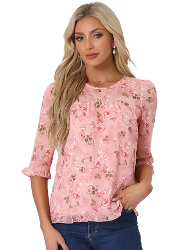 Allegra K Women's Casual Ruffle 3/4 Sleeve Floral Print Chiffon Blouse X-Small Pink White