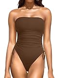 Yonique Women Strapless One Piece Swimsuit Tummy Control Bandeau Bathing Suit Cheeky Swimwear Brown XL