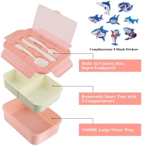 Uliya Bento Lunch Box Adults Kids 1400ML Containers with 3 Compartments Sandwich Box Leakproof BPA Free Bento Box with Spoon Fork Set for Work School Microwave Dishwasher Freezer Safe, Pink