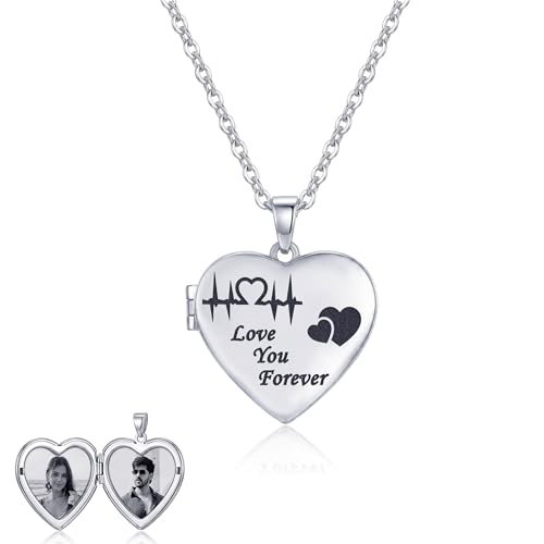 Image of TRUESILVER ACPL 925 Sterling Silver Personalized Photo Necklace for Women | Custom Couple Heart Pendant with Name Date & Birthstone | Engraved Picture Necklace Gift for Wife Mother Anniversary Birthday
