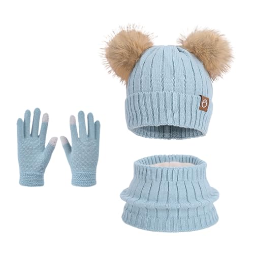 Kids 3 in 1 Beanie Set Long Scarf Cute Bear Ear Touchscreen Gloves Thermal Set Cold Weather Thick Plush Winter Ski Hat Light Blue,One Size