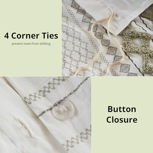 Image of Ink+Ivy Queen Duvet Cover Set Boho Chenille Tufted Cotton Duvet Cover for Queen Size Bed, All Season Queen Size Bedding Cover, Matching Shams, Imani, Full /Queen Sage Green /Ivory 3 Piece