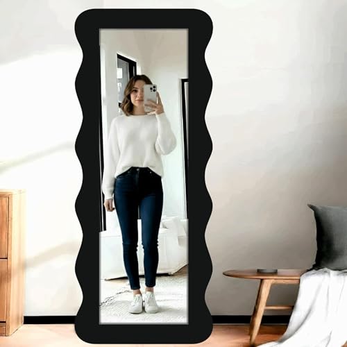 Image of Creative Arts n Frames 22 x 52 inch Full Length Dressing Chevel Long MDF Wood Zigzag Curvy Irregular Shape Framed HD Mirror Home Decor Items (Classic Black Zigzag1 Full Length Mirror)