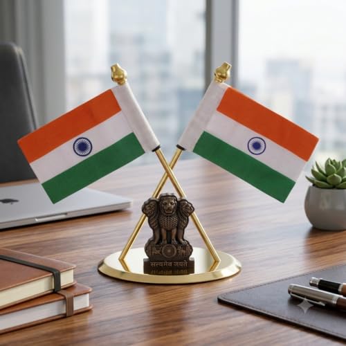 Image of Zahepa Dual-Sided Fabric Indian Tricolor Flag with Gold Plated Base for Car Dashboard, Office Desk, Home Decor & Gifting Tabletop Decoration for Home, Office & Corporate Use | Pack of 1
