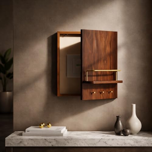 Saleberate Minimalist Teak Wood Meter Box Concealer – Wall-Mounted Wooden Panel with Shelf, Key Holder & Switch Cover (Left Opening)