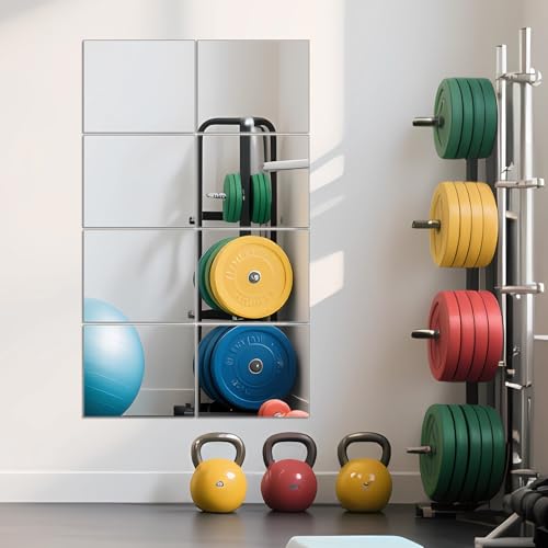 Image of Ruomeng Full Length Wall Mirror Tiles - 12 inch x 10 inch x 8Pcs Frameless Full Body Mirror Tiles Wall Mounted Mirror for Home Gym Vanity Bedroom, Living Room