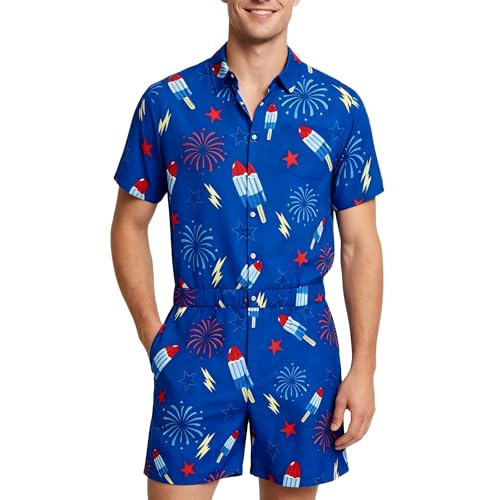 Regenboog 4th of July Romper for Men American Flag Romper men Usa Rompers Ice Cream Fireworks Print Bib Overall Short Bomb Pop Casual Hawaiian One-Piece Jumpsuit M