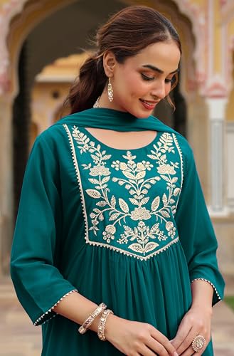 Image of Janasya Women's Georgette Embroidered A-line Kurta with Palazzo Dupatta Set