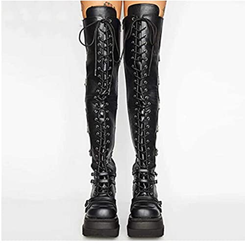 Women's Thigh High Platform Boots Goth Lace Up Over The Knee Boots Punk Motorcycle Riding Boot with Buckles4