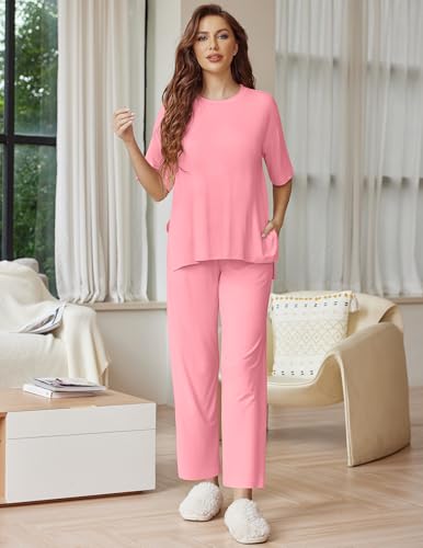 Image of Ekouaer Lounge Sets for Women Short Sleeve Tops and Long Pants Soft Comfy Pajamas Set 2 Piece Outfits