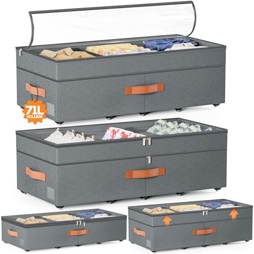 Under Bed Storage with Wheels, 2Pack 71L Under the Bed Storage Containers | Adjustable Underbed Drawer with Lids, Underbed storage Rolling Bin for Shoes, Clothes, Blankets, Grey