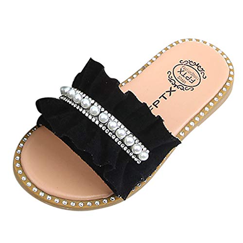 Baby Girls Slippers Summer Pearls Ruffles Upper Princess Beach Shoes Little Kid/Toddler Open-Toe Sandals Flat Boots (Black, 5.5-6 Years old)