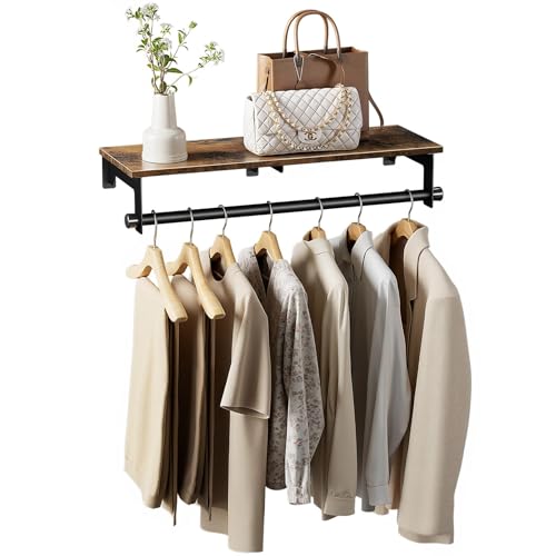 Luxspire Clothes Rack 28.7inch, Wall Mounted Garment Racks with Top Shelf for Hanging Clothes, Heavy Duty Industrial Pipe Garment Rack, Laundry Room Shelves Closet Storage, Black + Brown