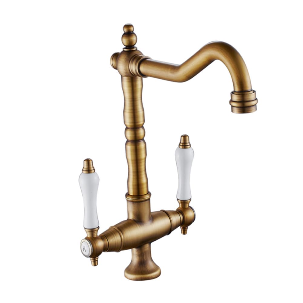 Lakkoakoaa A Basin Taps Bathroom Basin Tap 360° Swivel Retro Style Brass Dual Lever High Bathroom Sink Mixer Faucet, Hot/Cold Water, With Uk Standard Hoses, Ntique Brass