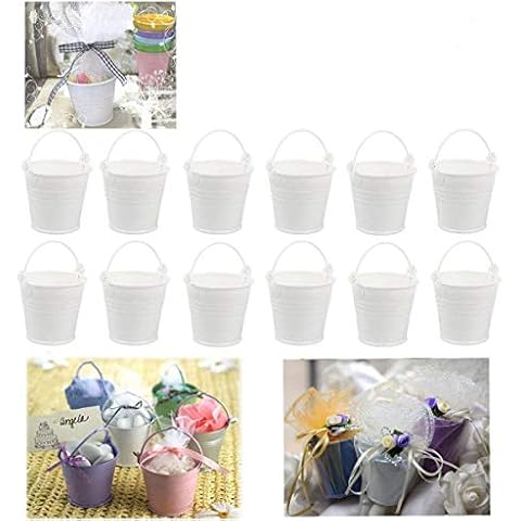 Dproptel 12 Pack All-in-1 Mini Metal Bucket Candy Favours Box Pail Wedding Party Gift/Serving Bucket, Chip Bucket, Condiment Packet Holder, Ash Tray Bucket - White Cover
