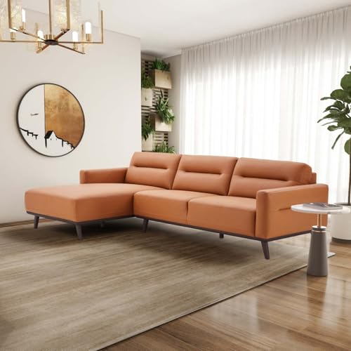 Cognac Leather L-Shaped Sectional Couch - Mid Century Modern Design,