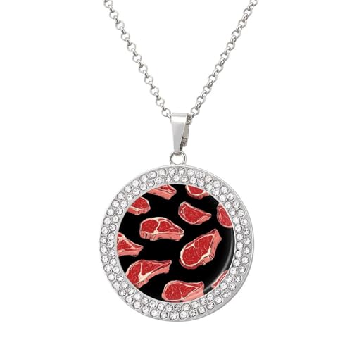 Image of Meat Red Steaks Necklace for Women Lightweight Round Pendant Crystal Choker Diamond Bezel Jewelry Gift